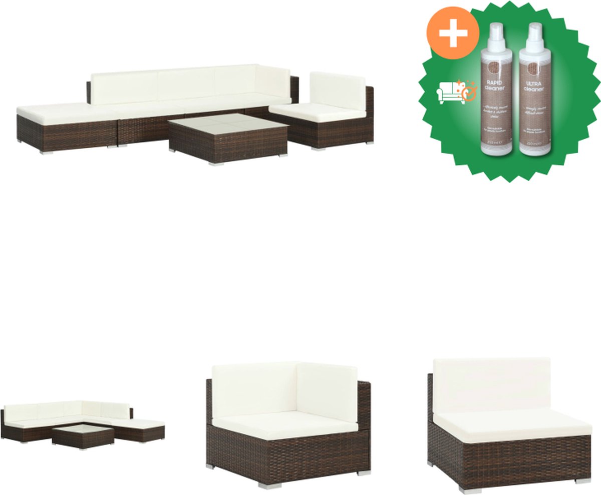 VidaXL Loungeset Poly rattan 1 Hoekbank + 3 Middenbanken + 1 Salontafel + 1 Hocker Bruin Rattan PE Rattan Stalen Frame Incl Kussens Tuinset Inclusief Onderhoudsset