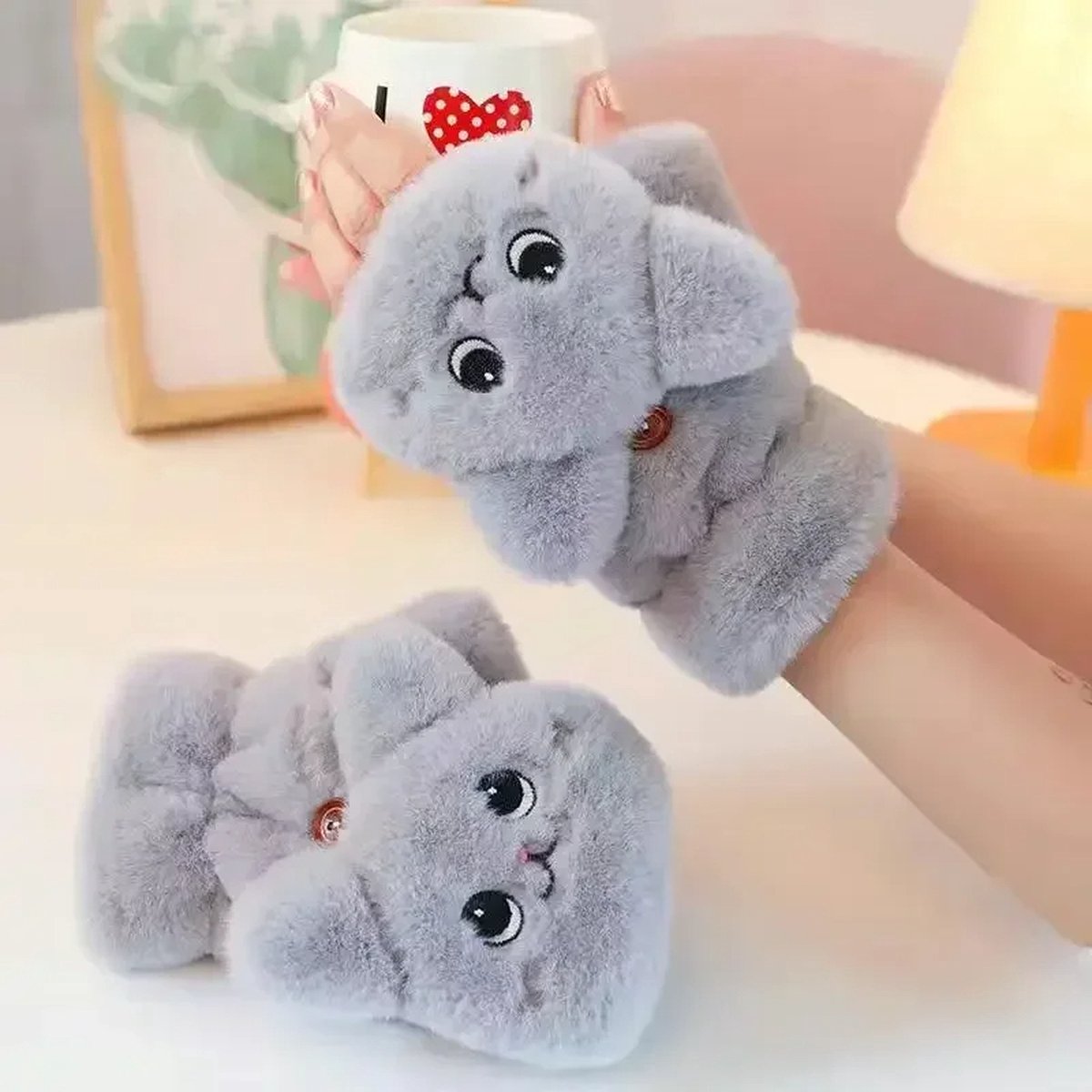 Sara Shop - Handschoenen winter - Handschoenen verwarmde -handschoenen - Fleece handschoenen- Handschoenen verwarming - Dier Handschoenen - kinderen Handschoenen Grijs