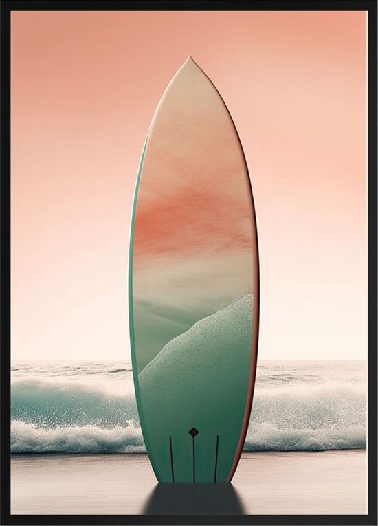 Affiche avec planche de surf aux tons Pastel - Look Rustique et Vintage - Planche de Surf avec Mer 50x70cm avec cadre en plastique noir