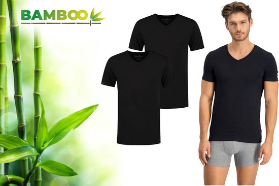 Bamboo - T-Shirt Heren - V Hals - 2 Pack - Zwart - L - Bamboe Ondershirt Heren - Extra Lang - V-Neck - Anti Zweet T-shirt Heren