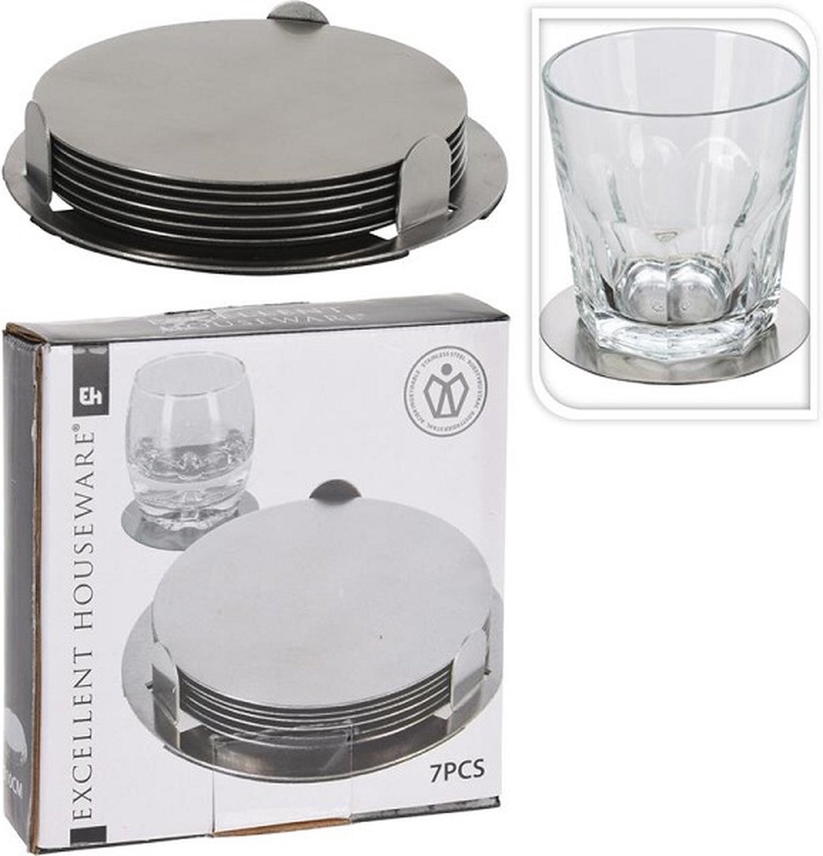 Narimano® 6-delige onderzetterset met houder - RVS onderzetters voor drankjes - ronde stalen onderzetters - zilverkleurig