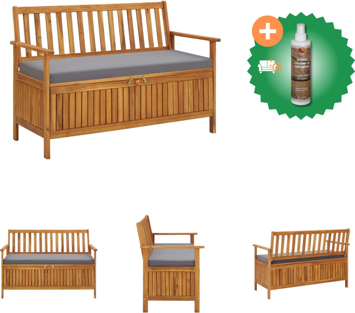 VidaXL Opbergbank Massief acaciahout Rustieke charme 120 x 63 x 84 cm Donkergrijs kussen Tuinbank Inclusief Houtreiniger en verfrisser