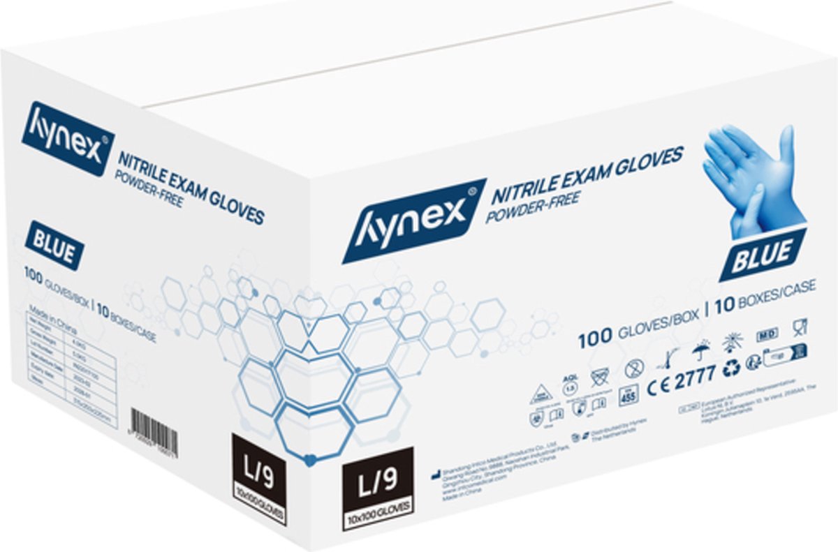 Hynex Nitril Wegwerphandschoenen 3,5g Maat L - 1000 stuks - Blauw - Poedervrij - Latex vrij - Niet Steriel
