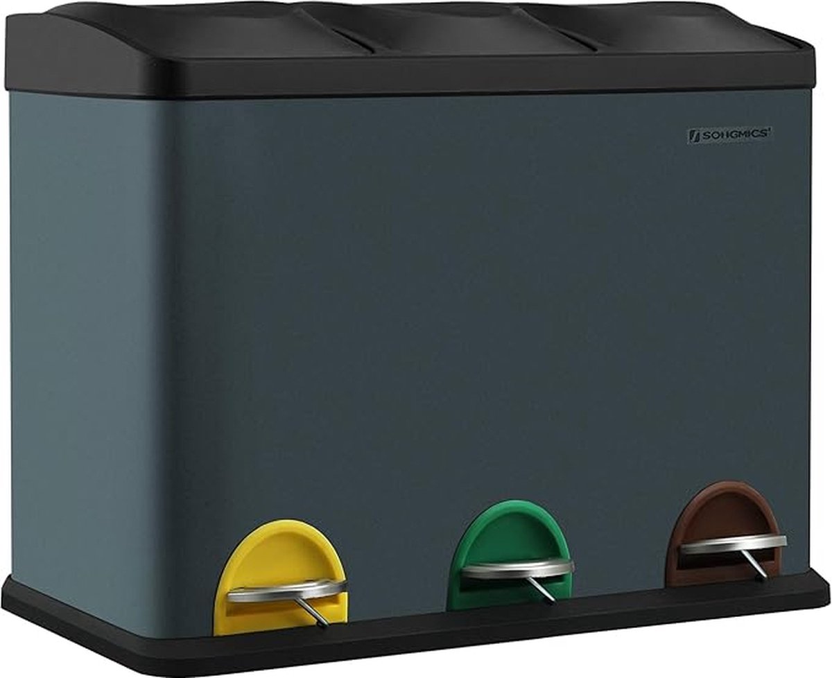 Goedkoopste Afvalbak voor de keuken afvalbak 45 liter afvalbak met binnenbak afvalscheidingssysteem pedaalemmer van roestvrij staal 3 x 15 liter rookgrijs-zwart