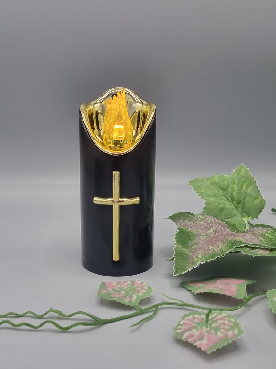 Led kaars - Rico - Zwart - Goud - Kruis - 125 mm - 1200 branduren - Inclusief batterij - Flikkerend led - Grafkaars - Graflicht