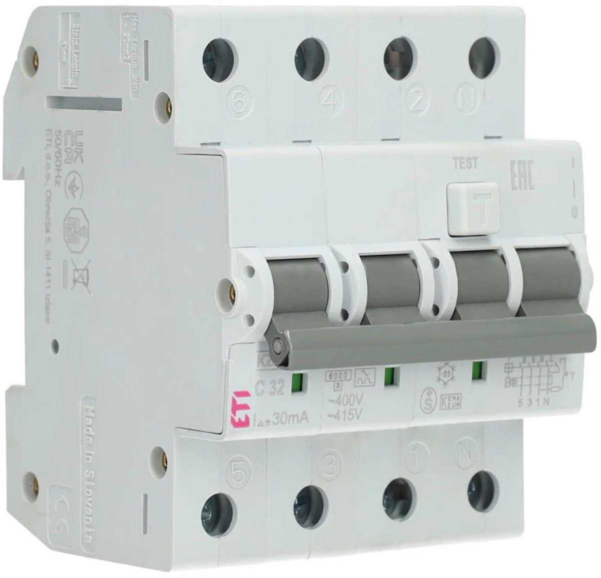 ETI aardlekautomaat 3-polig+nul 32A C-kar 30mA (431001166)
