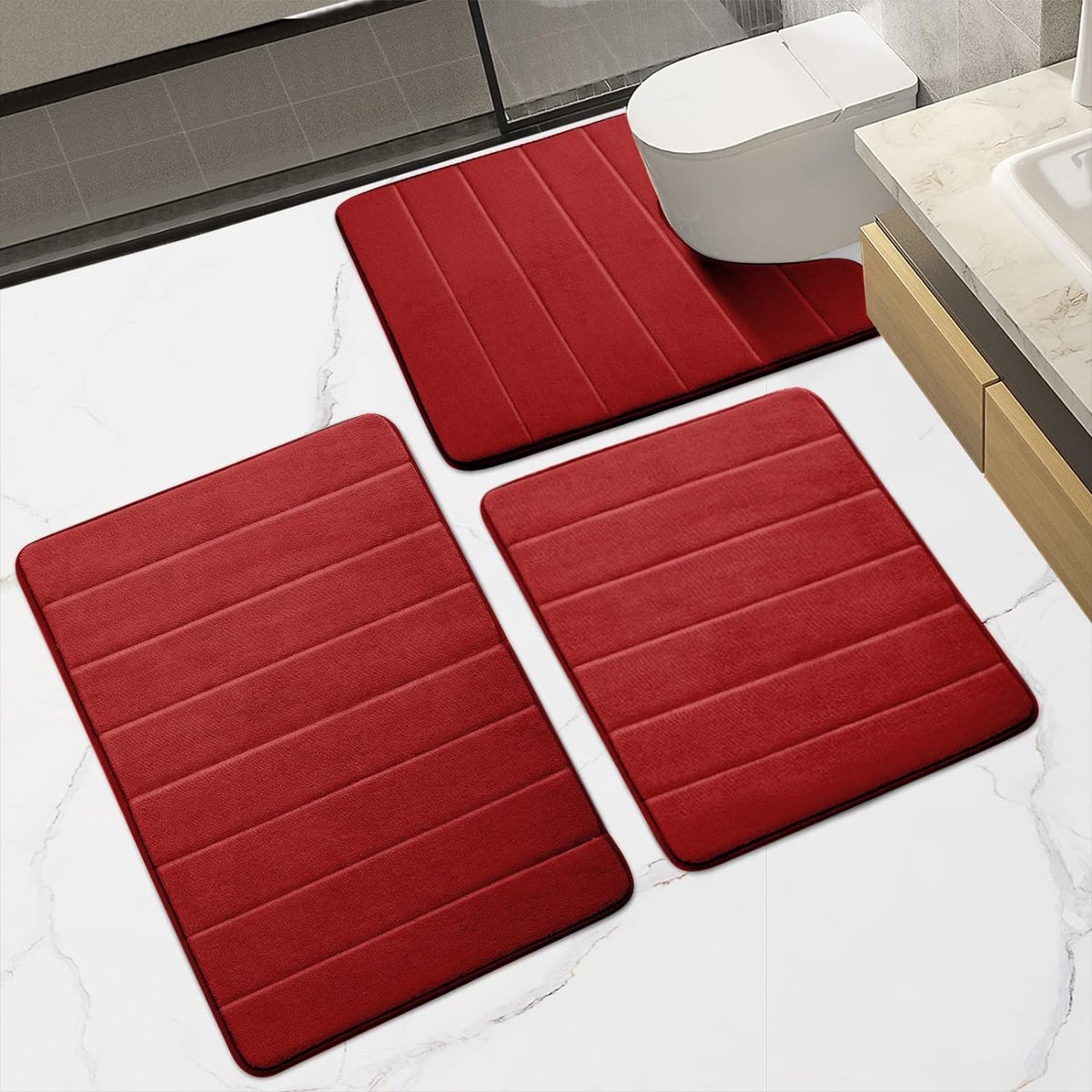 Badmat, antislip, 3-delige set, traagschuim, badmat, super zacht en absorberend, wasbaar, voor badkamer, bad en toilet (bordeaux, 43 x 60 cm + 50 x 60 cm + 50 x 80 cm)