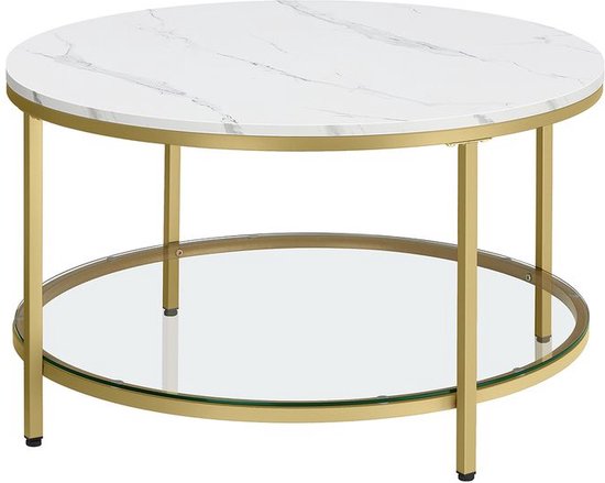 Signature Home Salontafel - Rond Salontafel - banktafel - woonkamertafel met glasplaat - veel opbergruimte - Woonkamertafel met glazen blad - moderne stijl - Marmer Wit-Metallic Goud