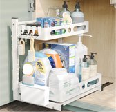 Keuken Onder Gootsteen Organizer, 2-laags Keukenkast Organizer, Keukenplank, Onder Wastafel Rek, Schuifplank Organisator voor Keuken-/Badkamer Opslag, Hoogte Verstelbaar, Wit