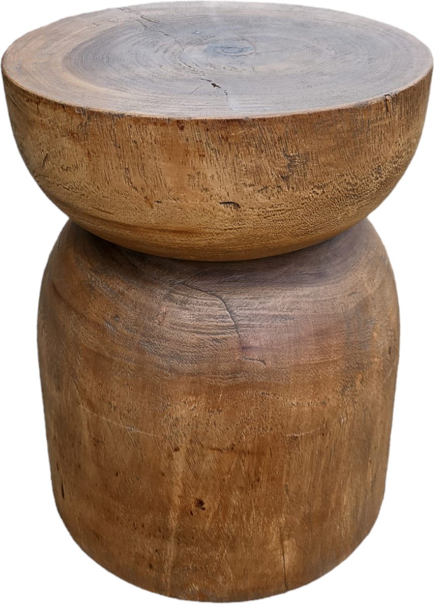 Massief Teakhouten Bijzettafel Rond Ø35cm | Sculptuur Zandloper Vorm | Handgemaakt Naturel Indonesië