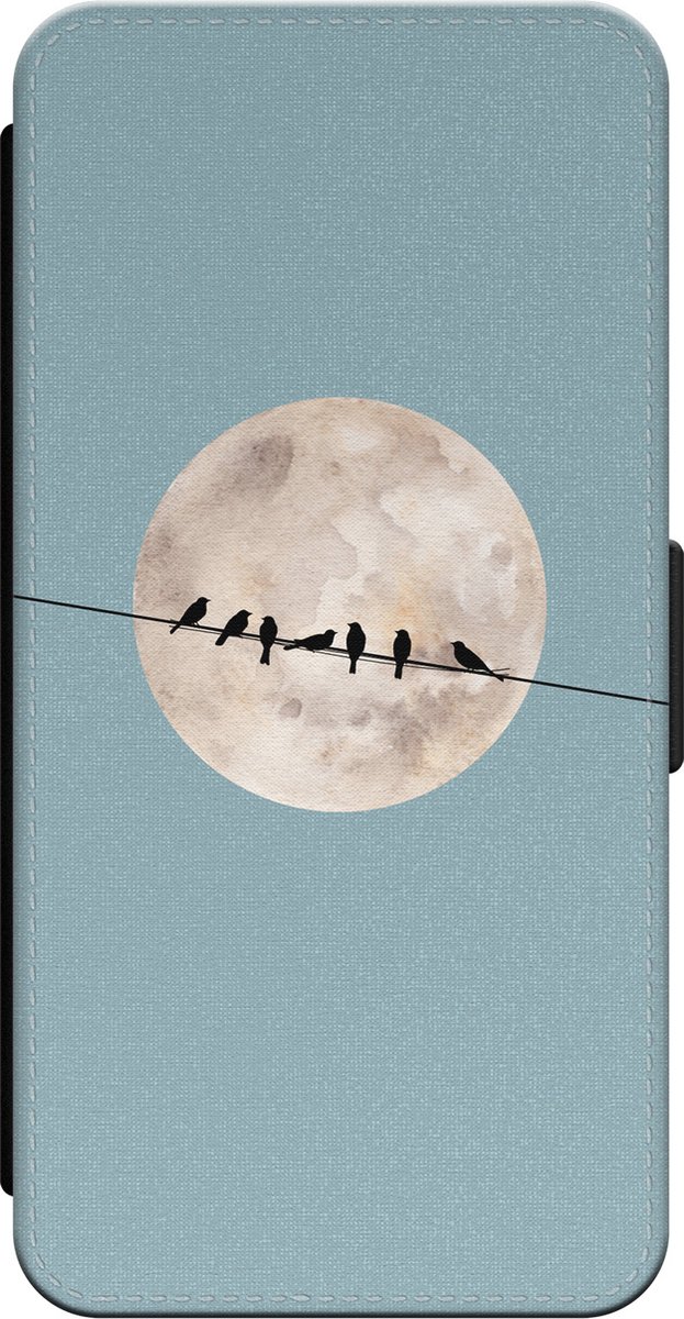 Leuke Telefoonhoesjes - Bookcase hoesje geschikt voor iPhone 14 - Moon birds - Wallet case met pasjeshouder - Print / Illustratie - Blauw