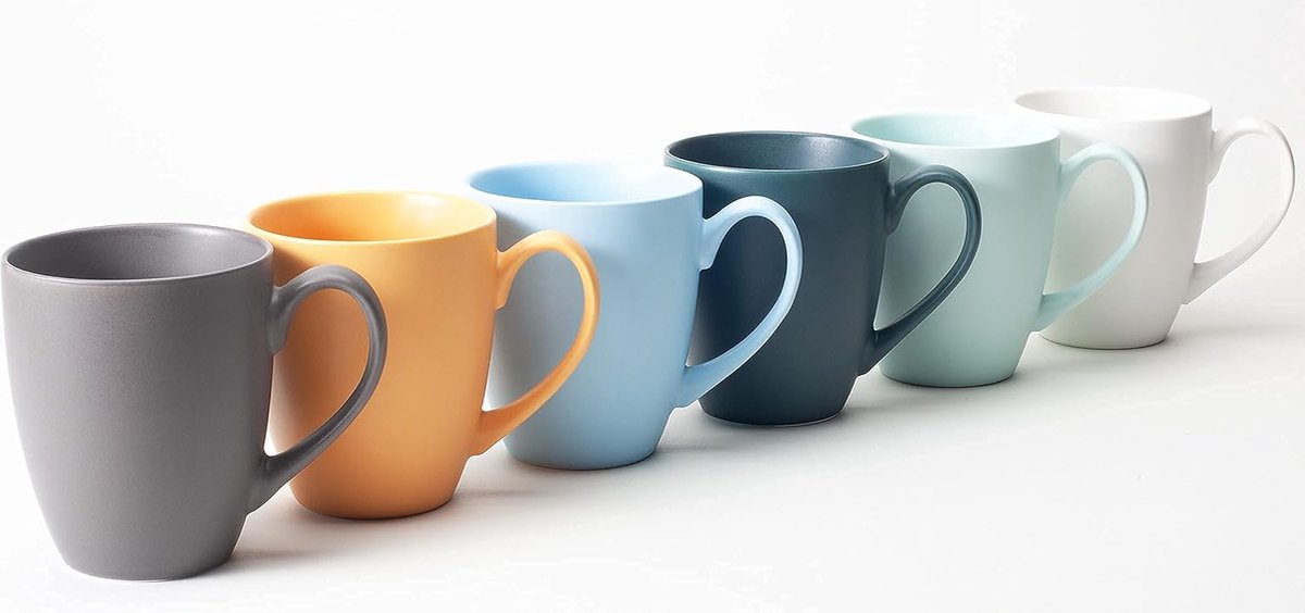 Koffiemokken set van 6 in groot - koffiekopjes van hoogwaardig en massief keramiek, 400 ml volume en groot handvat, grote bekers in meerdere kleuren en mooi patroon (bont mat)