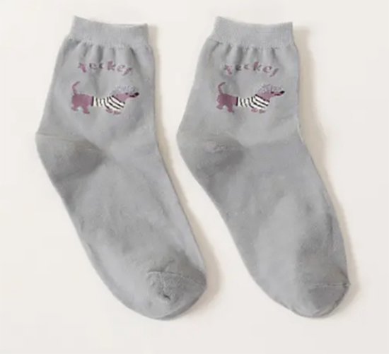 Teckel - sokken - 1 paar sokken - teckelprint - maat 34/39 - grijs - hond - dachshund - teckelsokken - teckel sokken