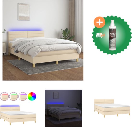 vidaXL Boxspring met matras en LED stof crèmekleurig 140x200 cm - Bed - Inclusief Reiniger