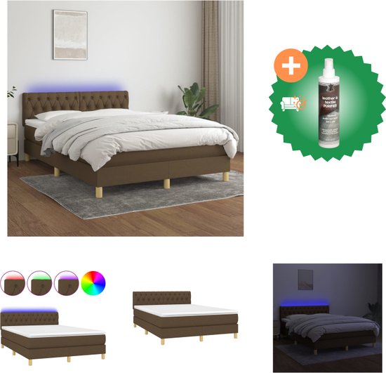 vidaXL Boxspring met matras en LED stof donkerbruin 140x200 cm - Bed - Inclusief Reiniger