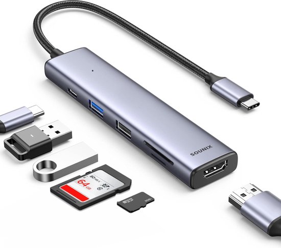 Sounix USB C Hub 6 in 1 - USB Splitter - 4K HDMI - USB 3.0 - USB C Oplader - SD Card - Micro SD Card - Grijs