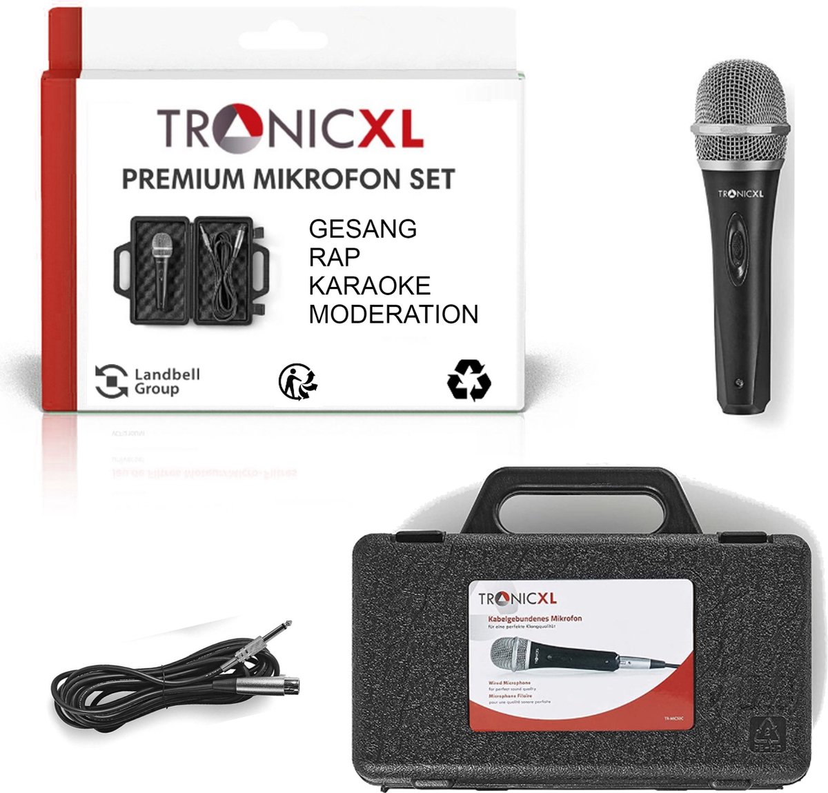 TronicXL Microfoonset dynamisch 5 meter lange kabel jack plug 6,35 mm universele handmicrofoon microfoon zingen moderatie podium karaoke bruiloft zang microfoon bedraad (met koffer) - Tronic XL