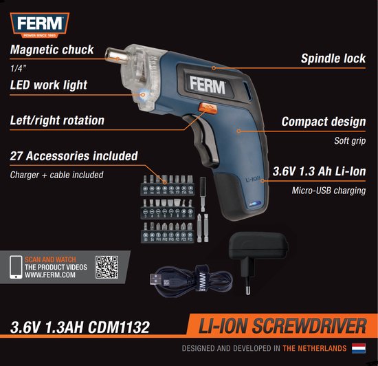 FERM - CDM1132 - Accu schroefmachine - Schroevendraaier - 3.6V - 1.3Ah - Li-Ion - LED - werkverlichting - Compact - Soft grip - Met - Magnetische bithouder - 26 bitjes - Verlengstuk - Oplader - Comfortabel - Micro USB lader - in - Opbergblik