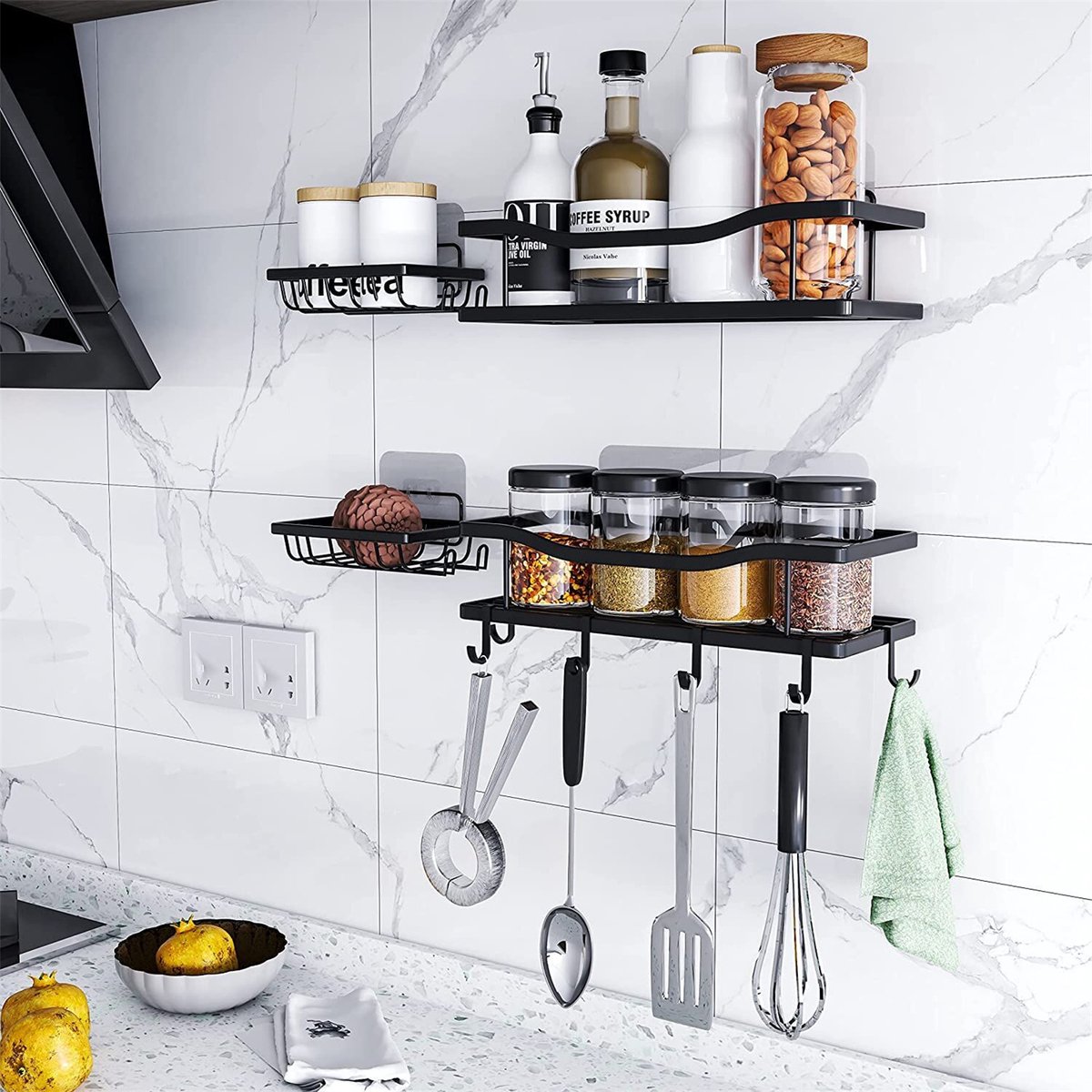 Merdoo Kruidenrek Ophangbaar - Kruiden Organizer - 4 Keukenrekken - Spice Rack - Keuken Organizers - Chefs Cuisine Kruidenrek - Zwart