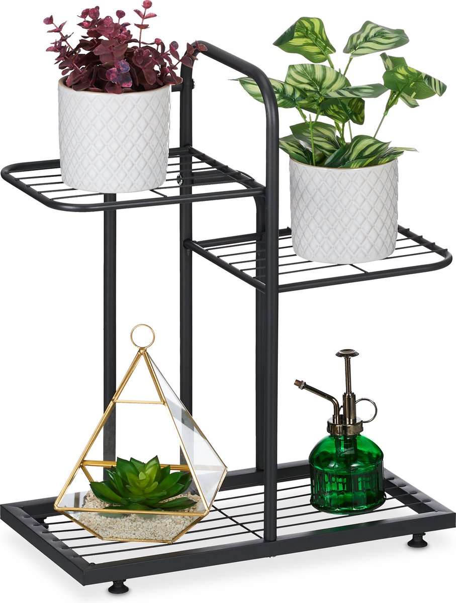 Relaxdays planten etagère 3 etages woonkamer plantenrek binnen staal zwart