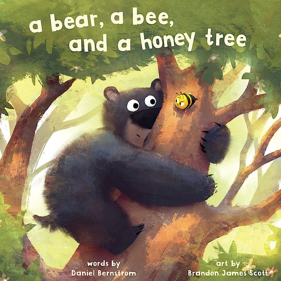 De kaft van het kinderboek 'a bear, a bee, and a honey tree' toont een bruine beer die een boom omhelst, met een bij die naar de top vliegt.