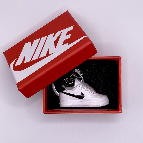 Porte-clés Sneaker avec boîte - Nike Air Force 1 Low White Black Swoosh - Cadeau Sneakerhead - Plastique dur