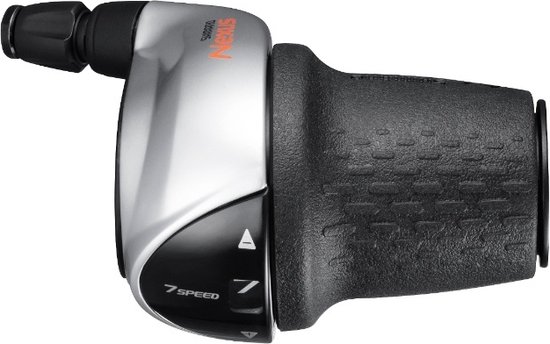 Zilverkleurige en zwarte Shimano Nexus 7-speed draaischakelaar met gedetailleerd handvat. Gemarkeerd met '7 SPEED'.