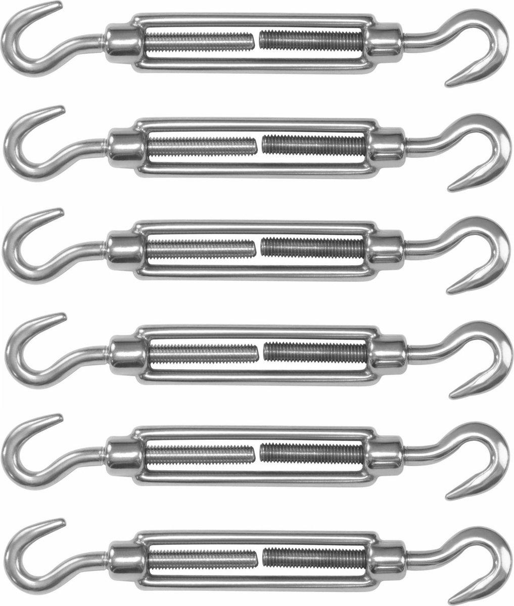 AMIG Spanschroeven/draadspanner met haak/haak - 6x - 7cm - 316L RVS - 100kg - M5 schroefdraad