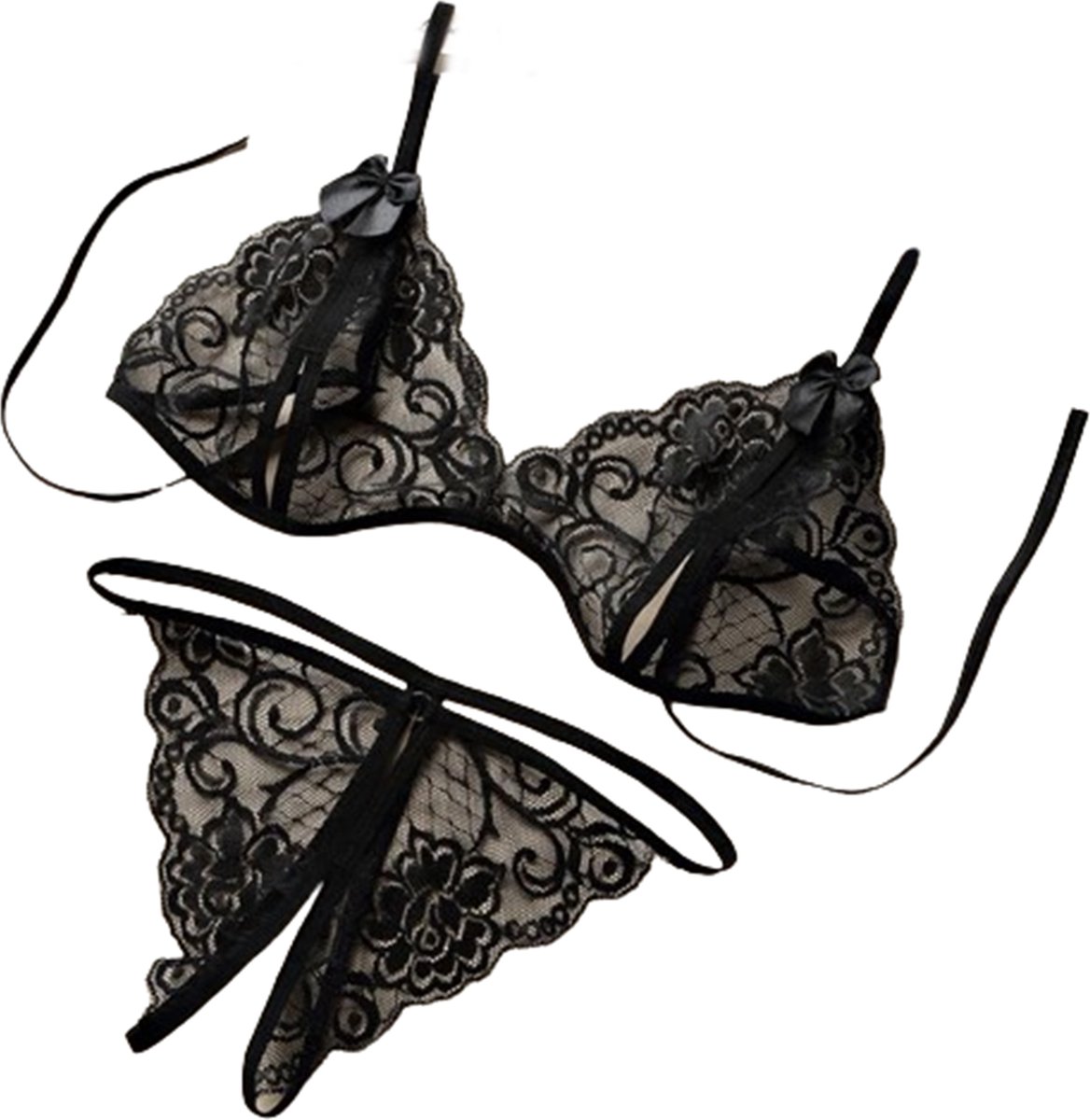 Goedkoopste Doorzichtige lingerie set met open kruis - Erotische ondergoed - Transparante slip en BH - BDSM - Seks - Porno