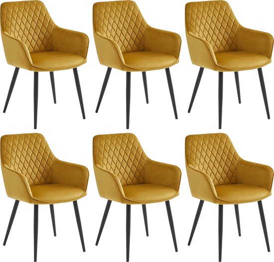 Colenis® - Chaise de salle à manger Beverly - Set de 6 - Jaune ocre - Velours - Industriel - Avec accoudoir