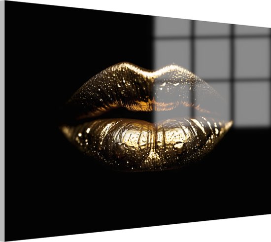 Gouden lippen met waterdruppels schilderij - Lippen wanddecoratie - Glasschilderij goud - Muurdecoratie kinderkamer - Acrylglas schilderijen - Kantoor accessoires - 60 x 40 cm 5mm