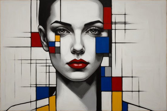 Femme style Piet Mondrian - Peinture abstraite - Décoration murale Piet Mondriaan - Peintures rurales - Peintures sur toile salon - Oeuvre - 70 x 50 cm 18mm