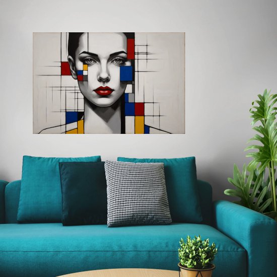 Femme style Piet Mondrian - Peinture abstraite - Décoration murale Piet Mondriaan - Peintures rurales - Peintures sur toile salon - Oeuvre - 70 x 50 cm 18mm