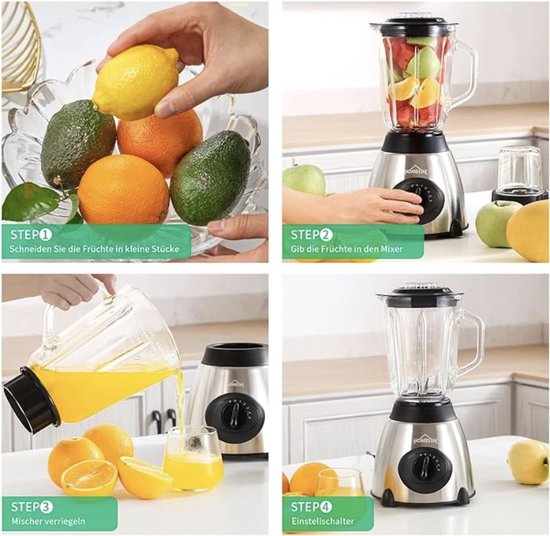 HOMELUX Smoothie Maker blender - 1,5 l Glas - Mixer - 350 W blender - Krachtige mixer - 5 snelheden + impulsfunctie - ice crush-functie - zilver van Homelux — afbeelding 5