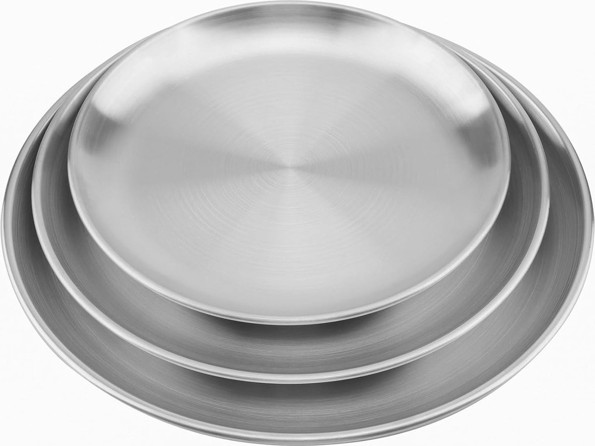 Image of 3 stuks roestvrij stalen ronde servies, zilveren schotels, roestvrijstalen borden, serveerborden, metalen borden, campingborden, tafelborden voor outdoor, camping, picknick, keuken, feest