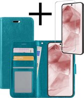 Hoes Geschikt voor Samsung A55 Hoesje Book Case Hoes Flip Cover Wallet Bookcase Met Screenprotector - Turquoise