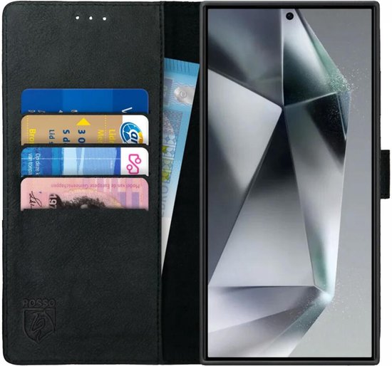 Rosso Deluxe Echt Leer Book Case Hoesje Geschikt voor Samsung Galaxy S24 Ultra | Ruimte voor drie pasjes | Portemonnee Book Case | Met Pasjeshouder | Zwart