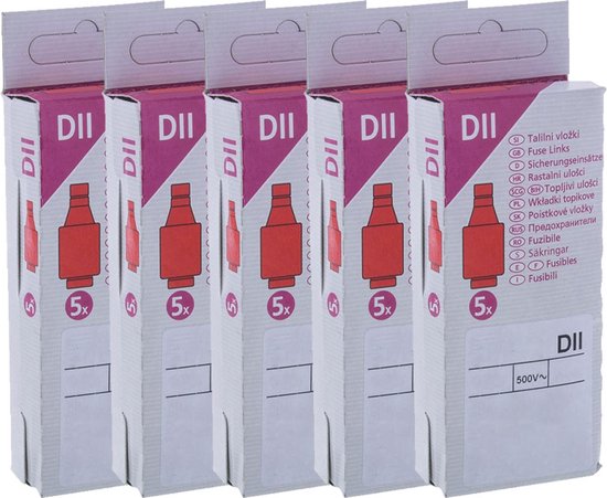 Vijf verpakkingen DII zekeringpatronen, elk met 5 stuks, voorzien van rode illustratie en tekst 500V.
