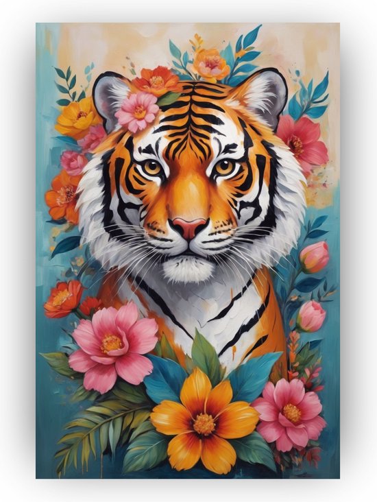Tijger met bloemen schilderij - Frida Kahlo muurdecoratie - Schilderij tijger - Woonkamer decoratie industrieel - Schilderij plexiglas - Kunst aan de muur - 40 x 60 cm 5mm