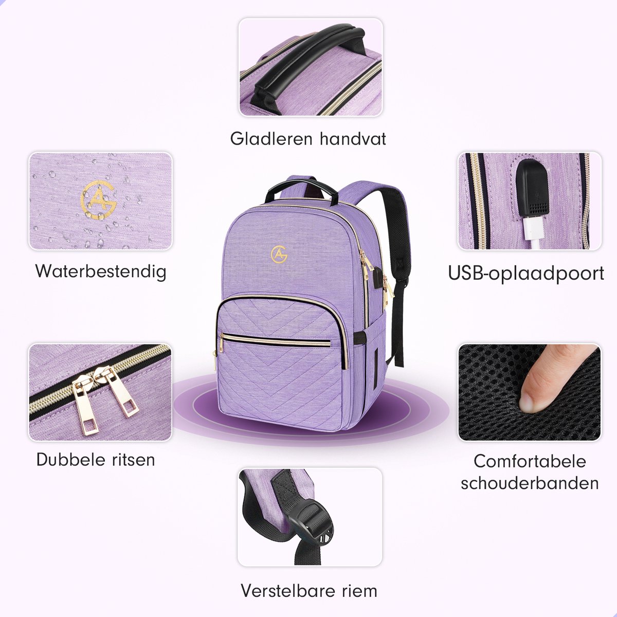 AG Luxe Rugzak Dames Lila - Rugzakken - Rugtassen - Meisje - Laptop - 26L - School - Kind - Backpack Waterafstotend- Schooltas - Reizen & Werken - Anti Diefstal Ontwerp - Inclusief Usb Oplaadstation – foto 4