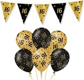 16 Jaar Verjaardag Decoratie Versiering - Feest Versiering - Vlaggenlijn - Ballonnen - Klaparmband - Man & Vrouw - Zwart en Goud