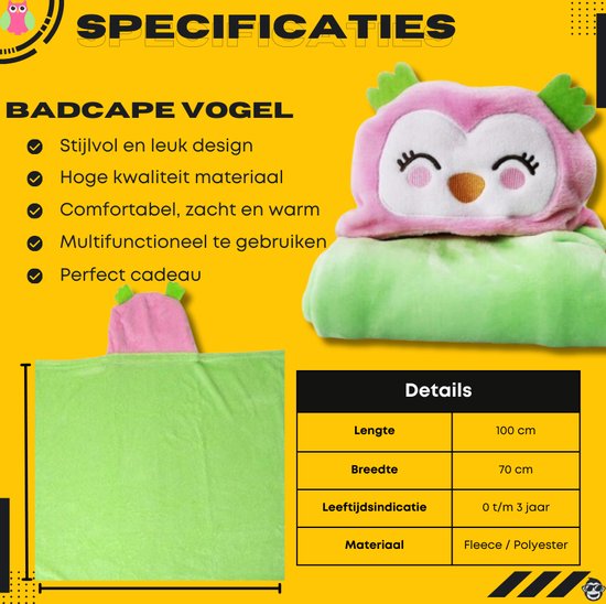 BoefieBoef Paradijs Vogel 2-in-1 Fleece Badcape & Wikkeldeken voor Baby's/Peuters met Dierencapuchon: Warm, Zacht & Comfortabel - Ideaal als Kerst- Verjaardags of Kraamcadeau - Sierlijke Uil Roze Groen — afbeelding 4