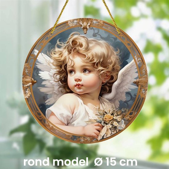 Raamhanger Raamdecoratie Kleine Engel - Kleurige Zonnevanger Rond Acryl met Touw - Suncatcher Rond model 15 cm %%