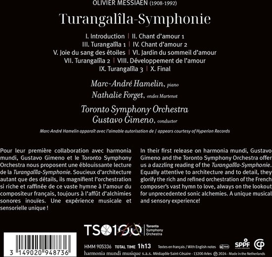 Albumhoes Turangalîla-Symphonie van Olivier Messiaen met tracklist, namen van artiesten en orkest.