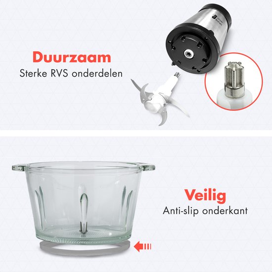 KitchenBrothers Hakmolen - 1,8L Glazen Kom - Food Chopper - BPA-Vrij - Hakmolen Elektrisch - 300W - 2 Snelheden - RVS van KitchenBrothers — afbeelding 5