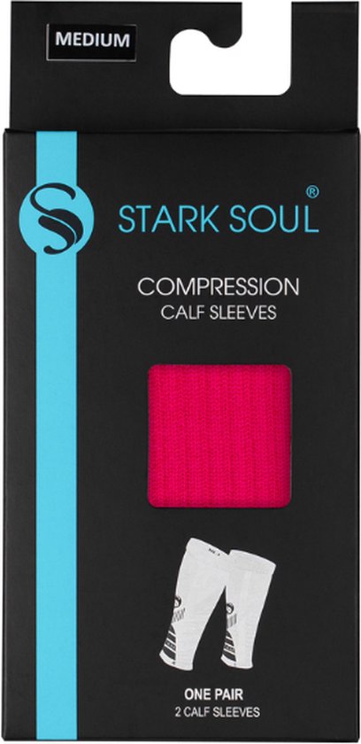 Verpakking van Stark Soul compressiekuitmouwen in maat Medium, met roze sample.