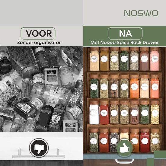Noswo Tiroir à épices avec 28 pots - Set complet - Carré - Couvercle à saupoudrer et étiquettes - Organisateur d'épices - Organisateur de tiroir de cuisine - Acacia