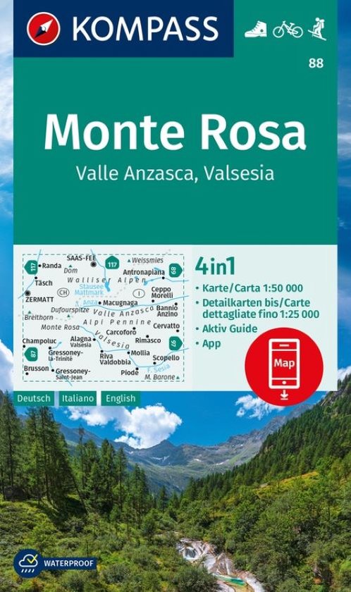 Kaart van Monte Rosa, Valle Anzasca, Valsesia met "4in1" aanduiding. Kaart met bergen en tekst.