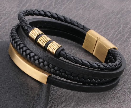 Style King - Stijlvolle leren armband - RVS accenten - gouden coating - 21cm - Robuust en Elegant - Armband - Leren Armband