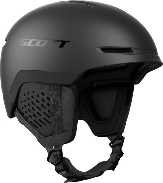 Zwarte SCOTT skihelm met grijs textiel aan de zijkanten en een verstelbare kinband.